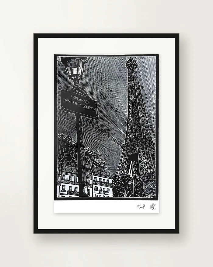 Esplanade, Paris — linocut print by Richard Cervenka, Bern, A4, framed